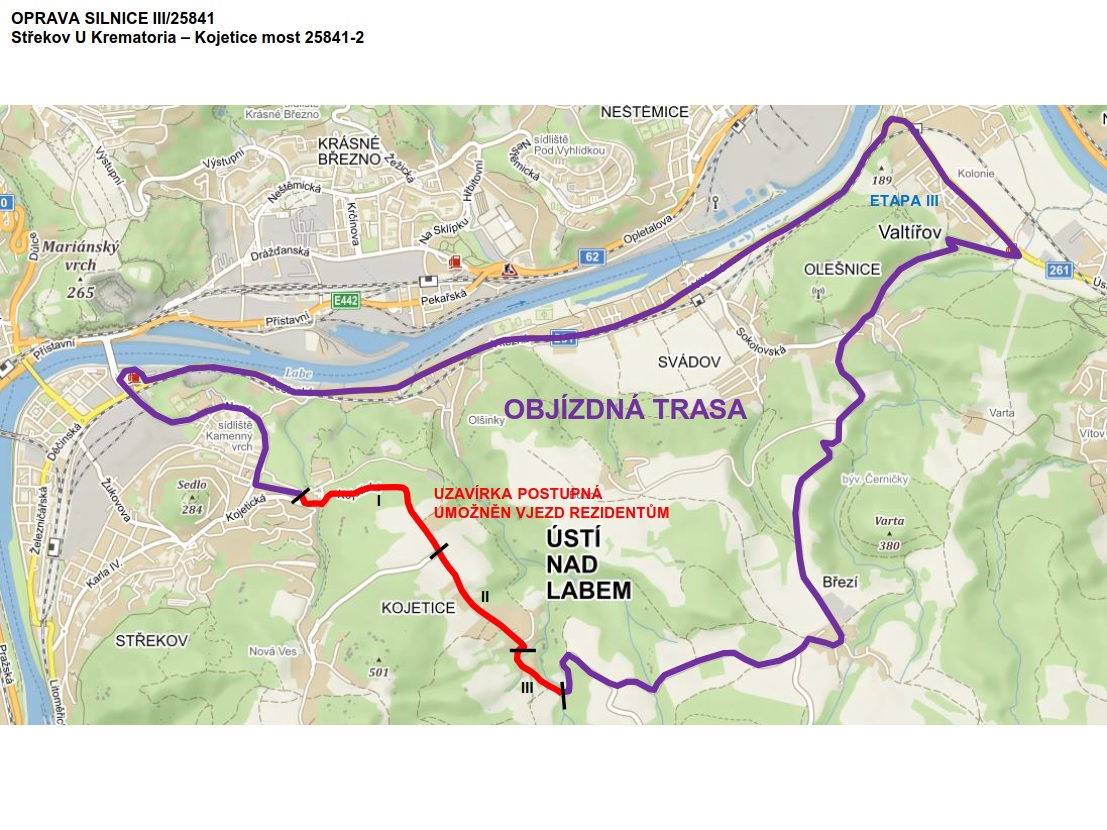 Mapa opravy silnice III-25841 v úseku U Krematoria - Kojetice